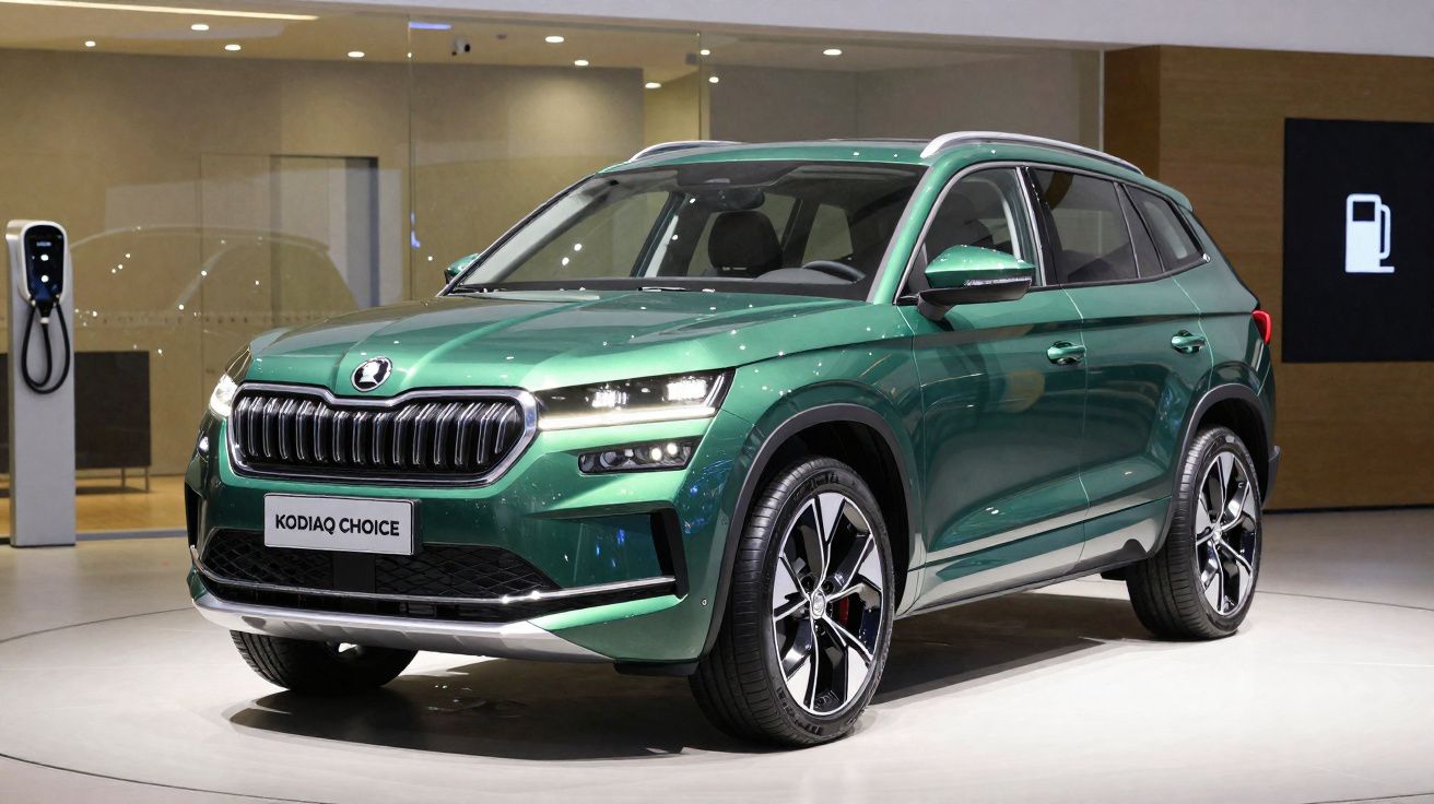 SUV verde metalizado Škoda Kodiaq Choice em exposição interna, com design moderno e rodas esportivas.
