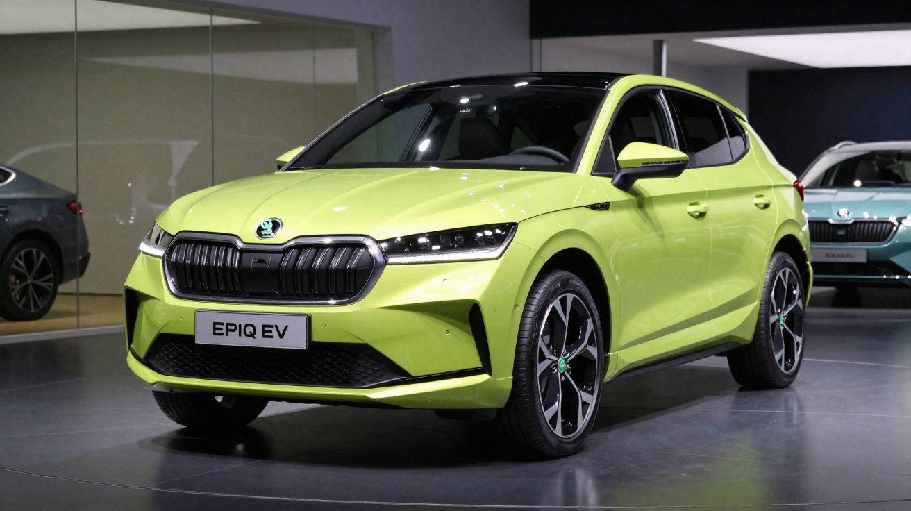 Carro elétrico Škoda Epiq EV verde limão exibido em showroom moderno.