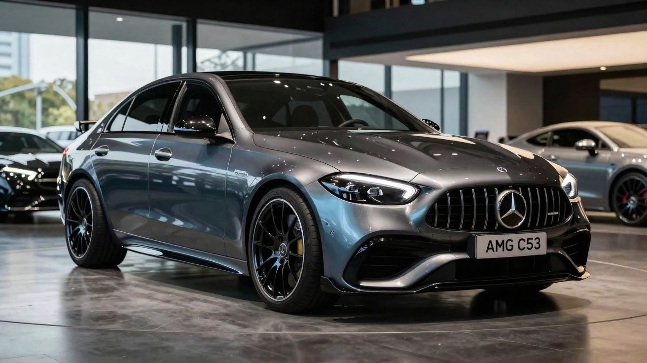 Carro Mercedes-Benz AMG C53 cinza estacionado em showroom moderno com piso refletivo.