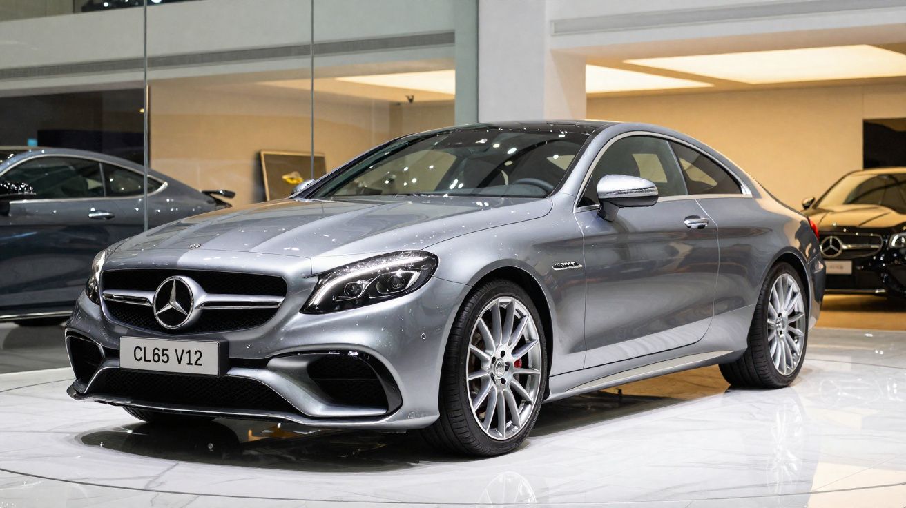 Carro esportivo Mercedes-Benz prata modelo CL65 V12 estacionado em showroom moderno.