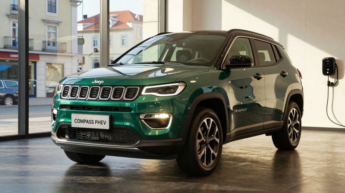 Jeep Compass PHEV verde estacionado em showroom com wallbox para recarga elétrica ao fundo.