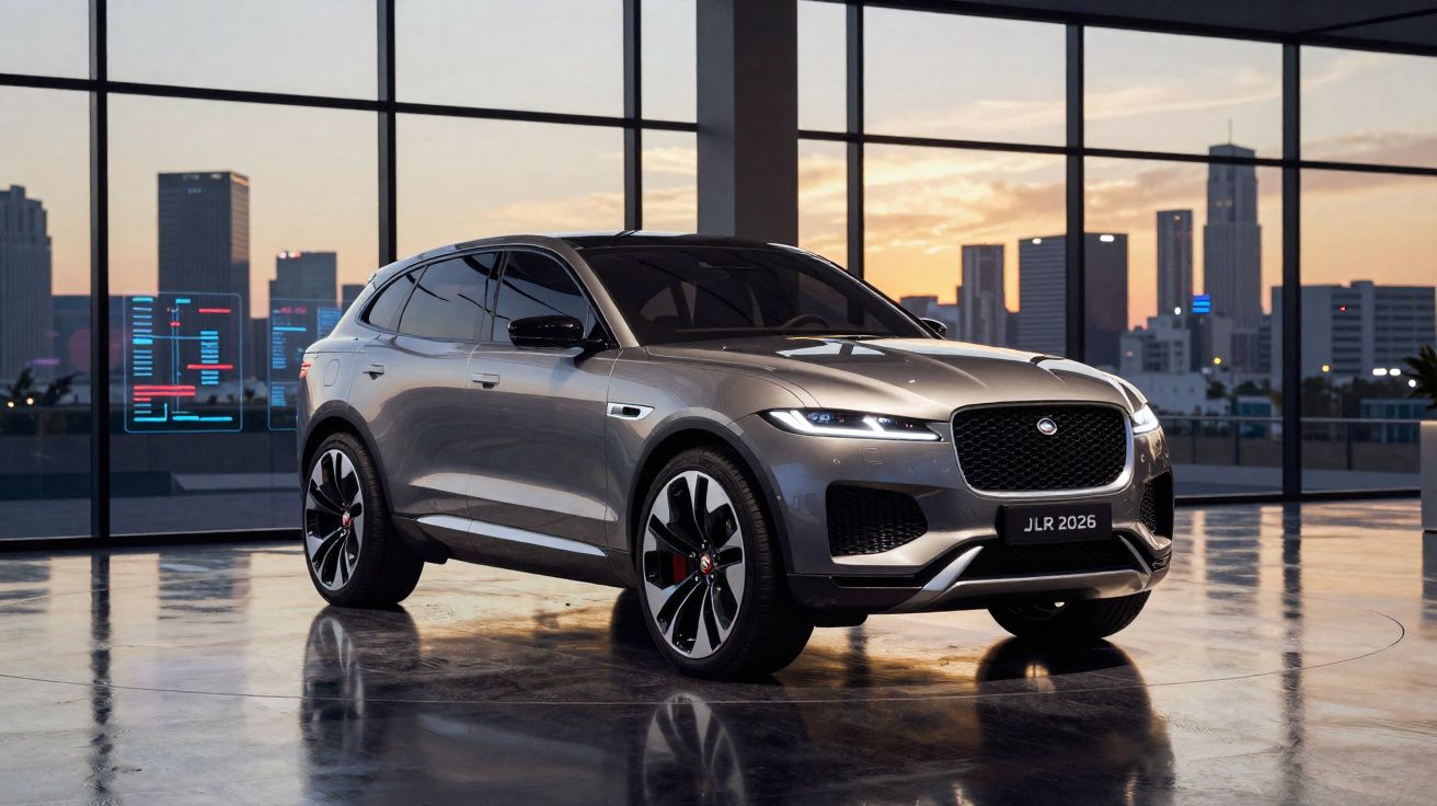 Carro SUV cinza estacionado em ambiente interno com grandes janelas e vista da cidade ao pôr do sol.