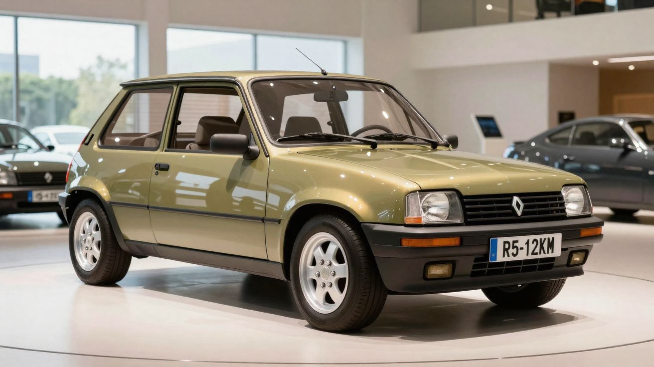 Carro Renault 5 vintage dourado exposto em salão automotivo com iluminação interna.