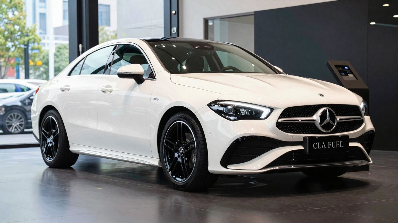 Carro branco Mercedes-Benz CLA Fuel exposto em showroom com detalhes em preto e rodas esportivas.
