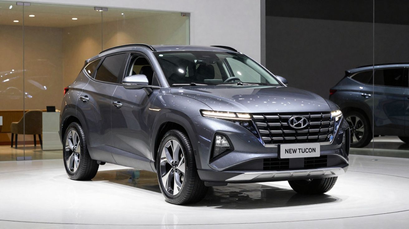 SUV Hyundai New Tucson cinza exposto em ambiente interno iluminado.