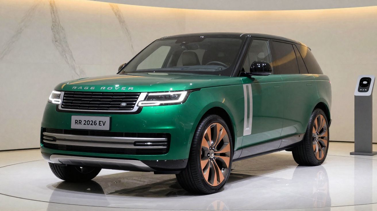 SUV elétrico verde Range Rover RR 2026 EV exibido em salão com rodas douradas e teto preto.
