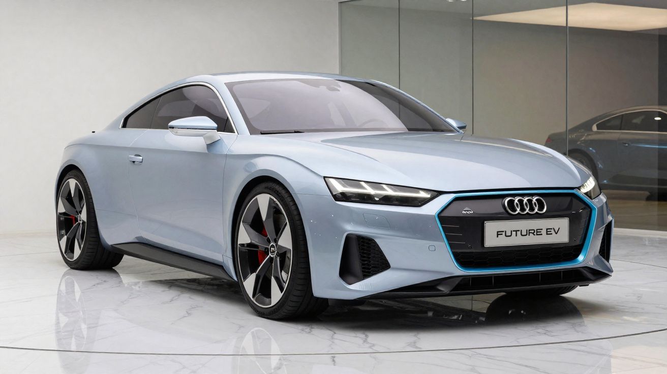 Carro elétrico Audi esportivo prata futurista exposto em ambiente interno com piso de mármore.