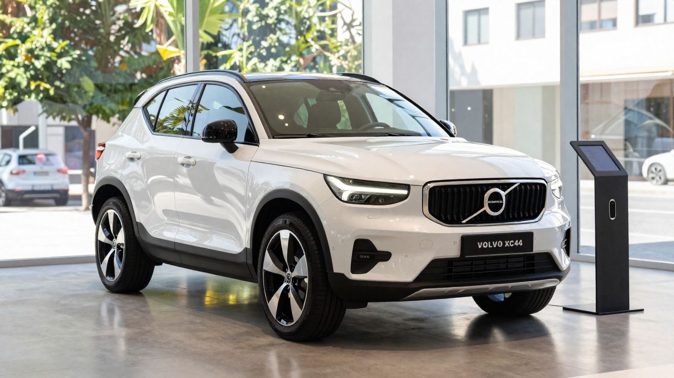 Carro SUV branco Volvo XC44 exposto em showroom com piso cinza e parede de vidro ao fundo.