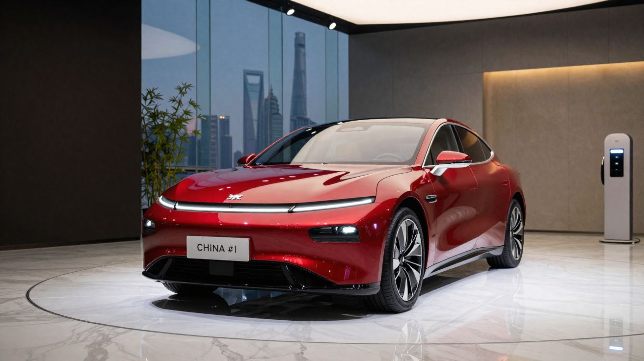 Carro elétrico esportivo vermelho em exposição interna com edifícios modernos ao fundo.