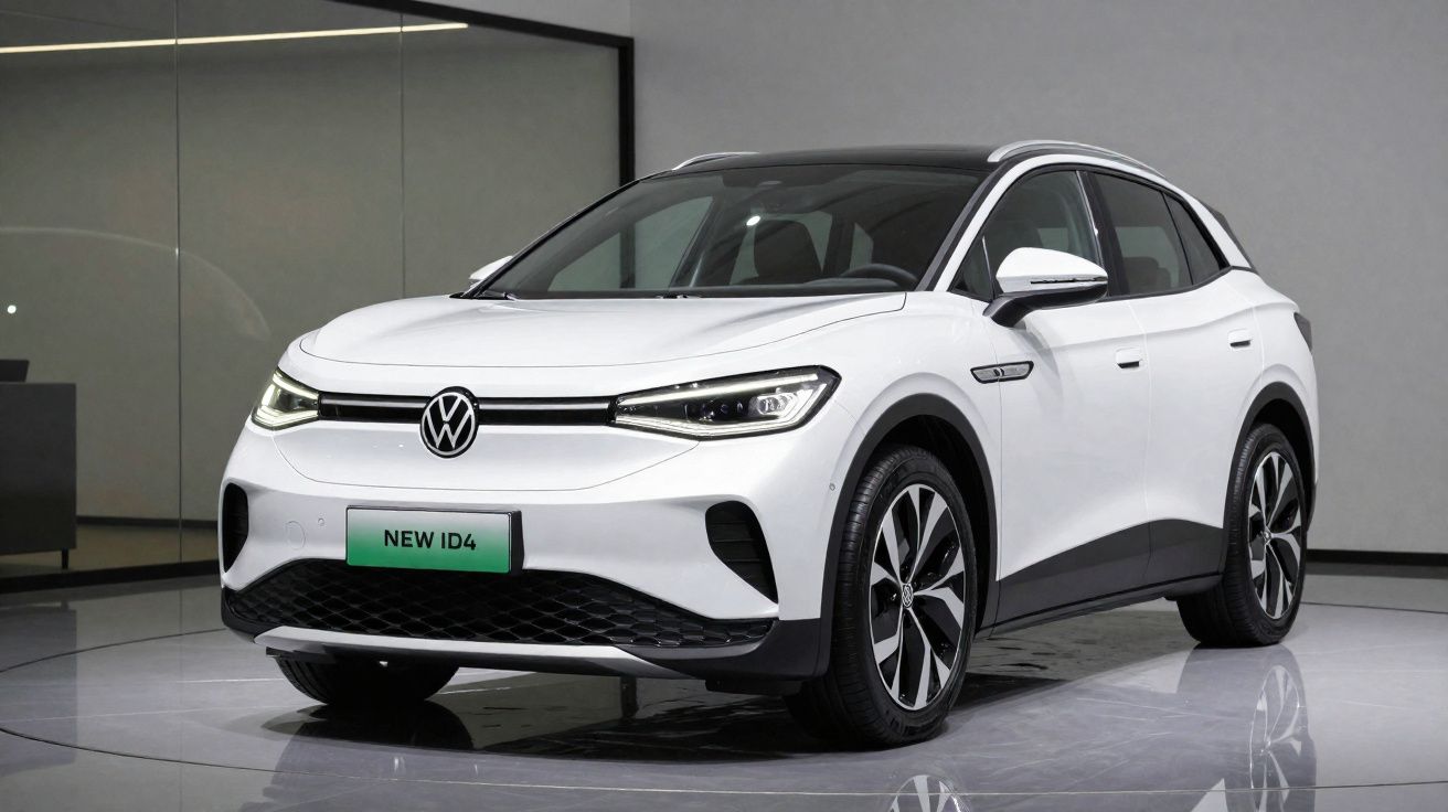 Carro elétrico Volkswagen ID.4 branco exibido em ambiente interno moderno.