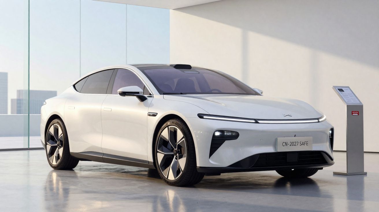 Carro elétrico branco moderno estacionado em ambiente interno com piso brilhante e paredes claras.