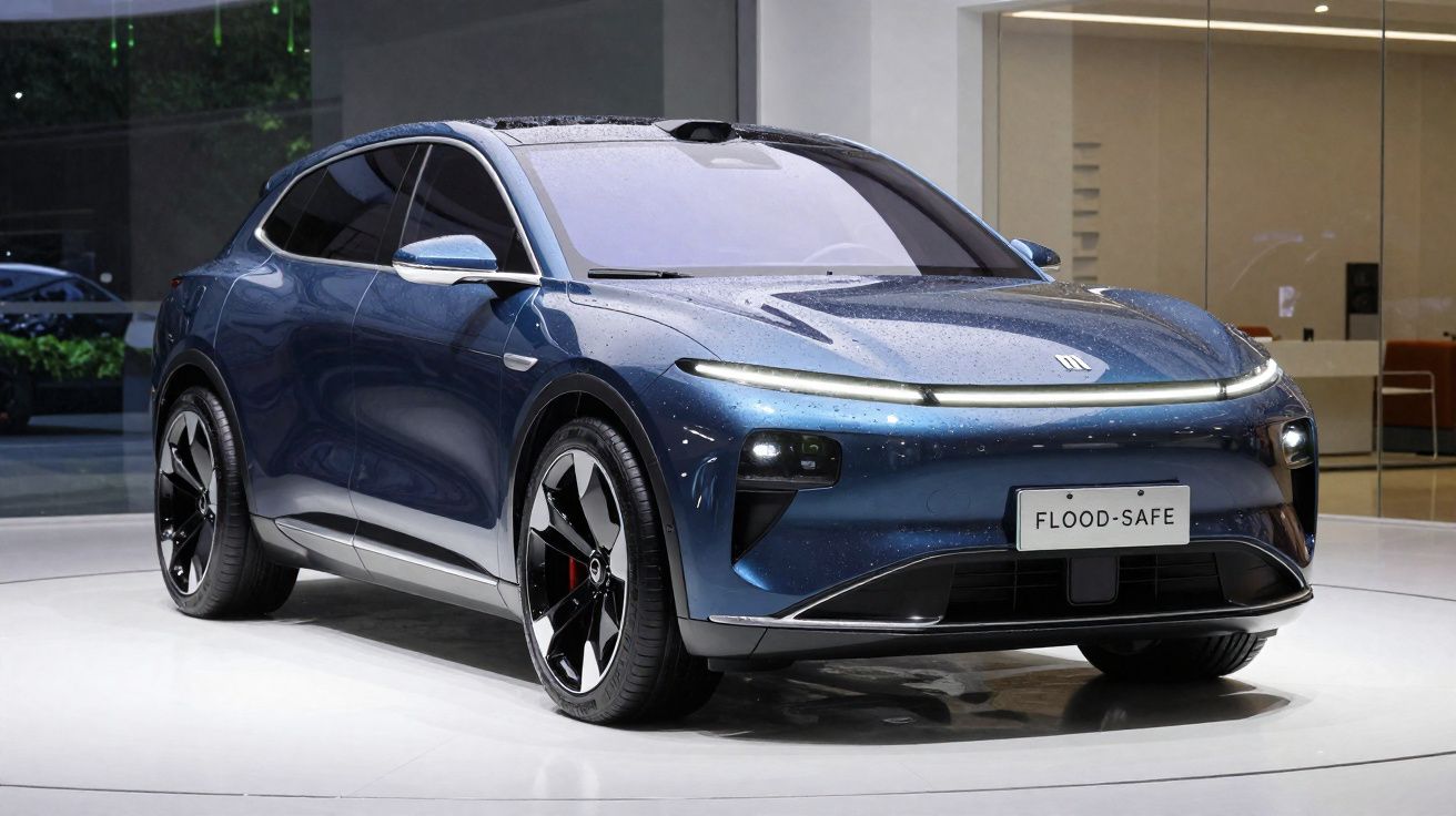 Carro elétrico azul escuro Flood-Safe exposto em ambiente interno moderno.