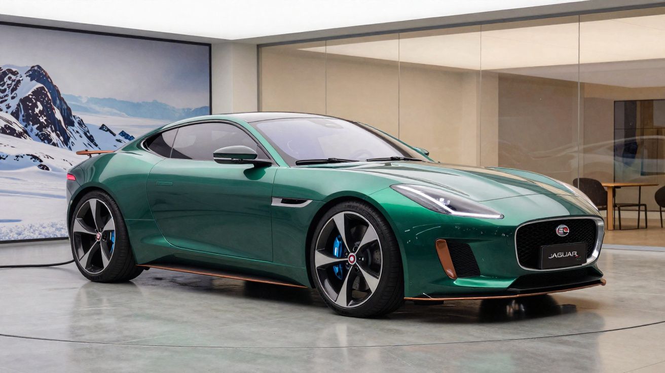 Carro esportivo verde Jaguar estacionado em piso de concreto em ambiente moderno com parede espelhada.