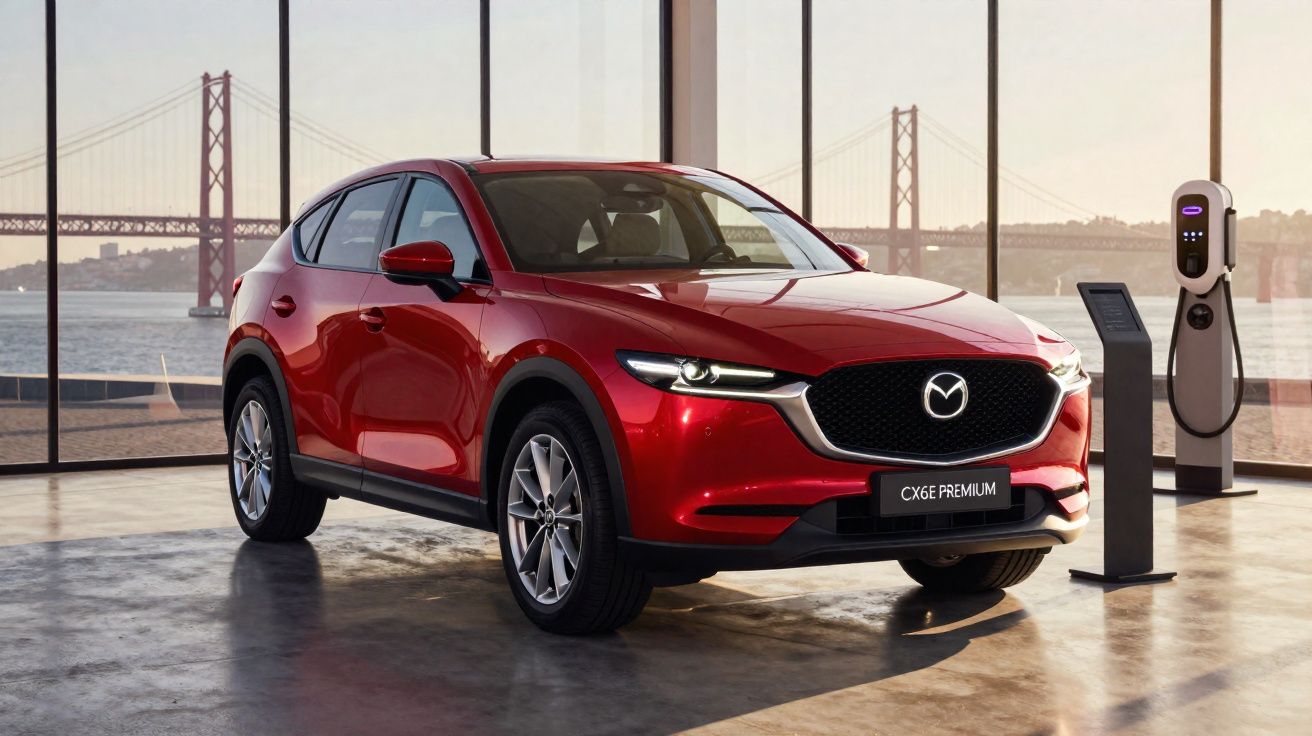 Carro elétrico vermelho Mazda CX-60 Premium em exposição com vista para ponte e estação de carregamento.
