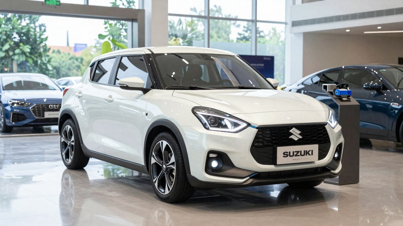 Carro Suzuki branco modelo hatchback exposto em concessionária moderna com veículos ao fundo.