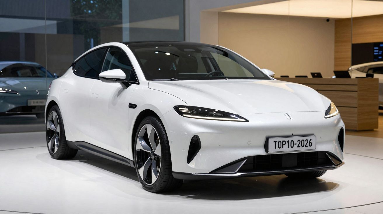 Carro elétrico branco de design moderno exibido em ambiente interno com placa TOP10-2026.