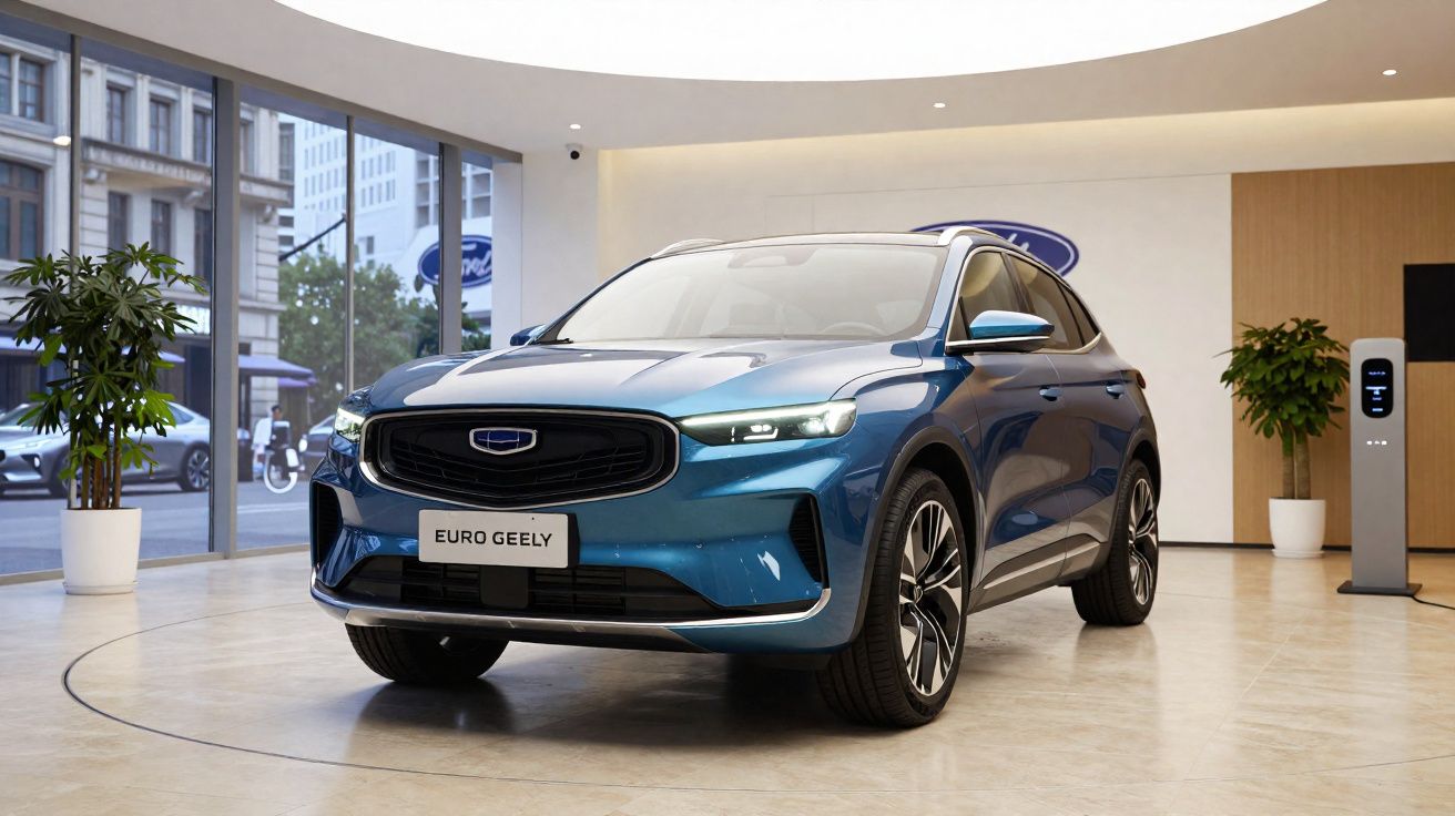 Carro elétrico azul Euro Geely exposto em showroom moderno com piso claro e plantas decorativas.