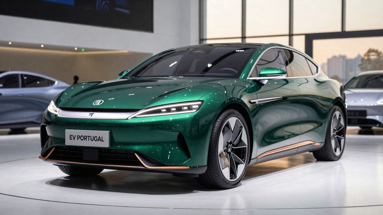 Carro elétrico verde metálico modelo EV Portugal exposto em salão de automóveis moderno.
