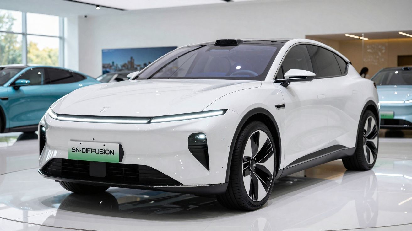 Carro elétrico branco com design moderno exposto em showroom, com janelas escuras e rodas estilizadas.