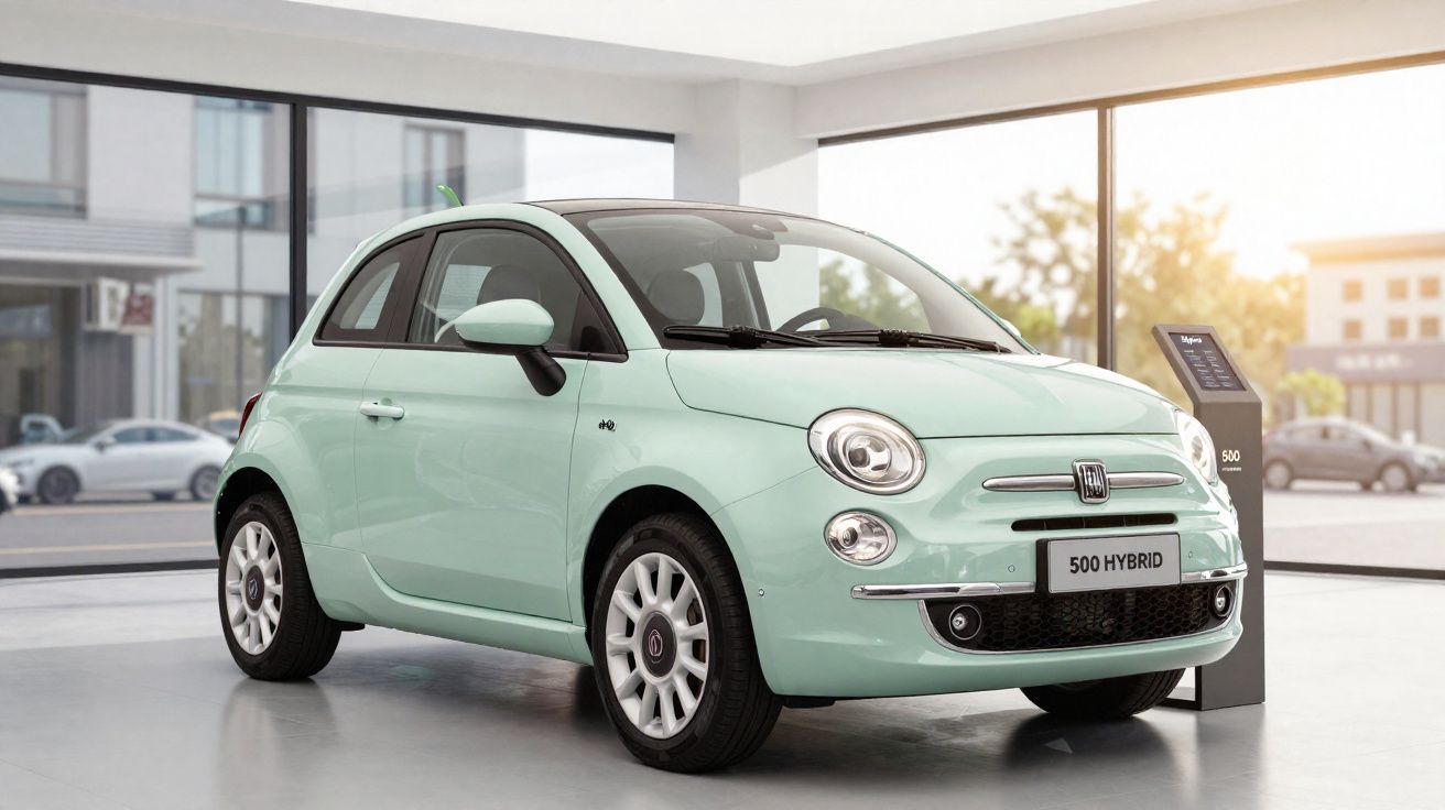 Carro Fiat 500 Hybrid verde claro exposto em showroom com grandes janelas e luz natural.