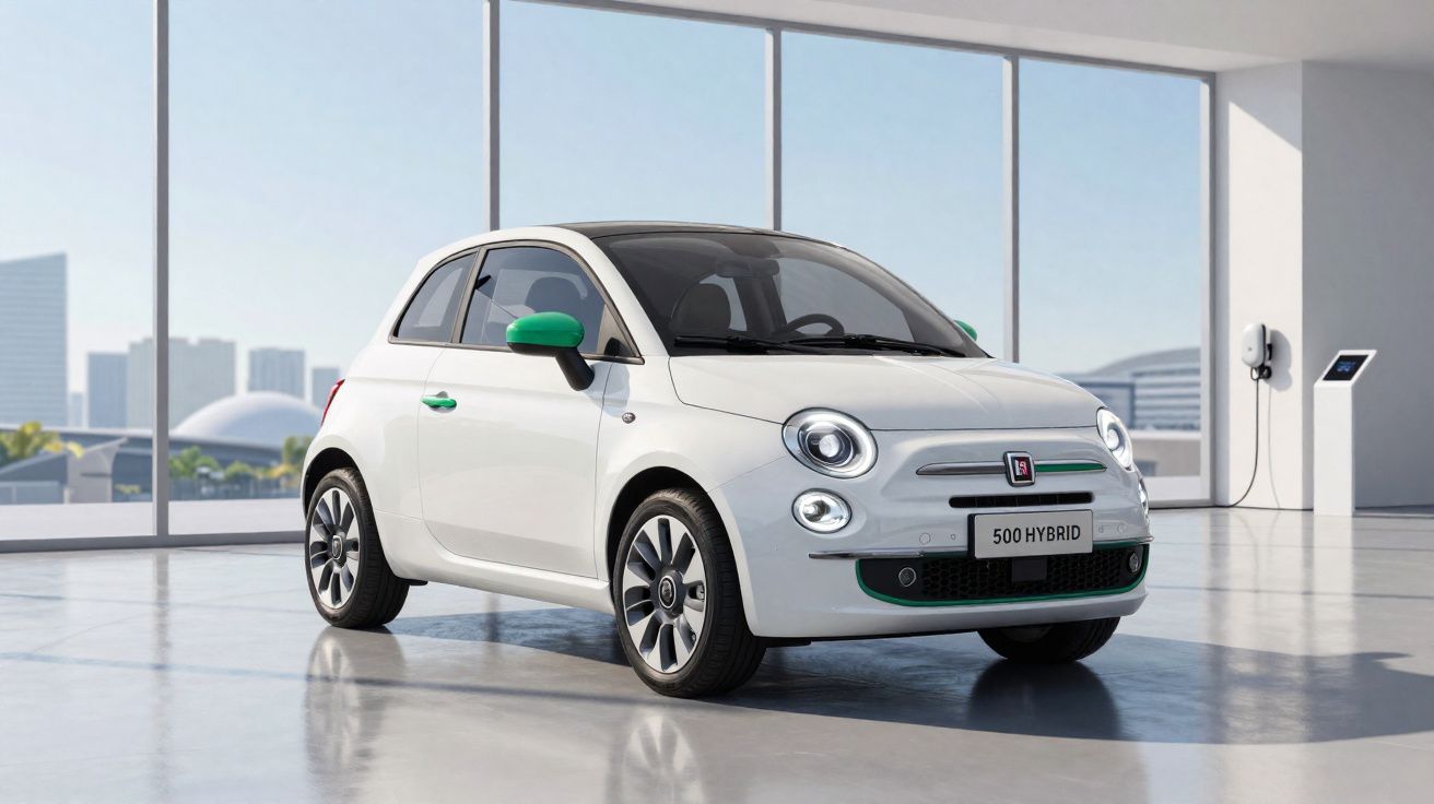 Carro compacto branco Fiat 500 Hybrid estacionado em ambiente moderno com tomada de recarga elétrica.