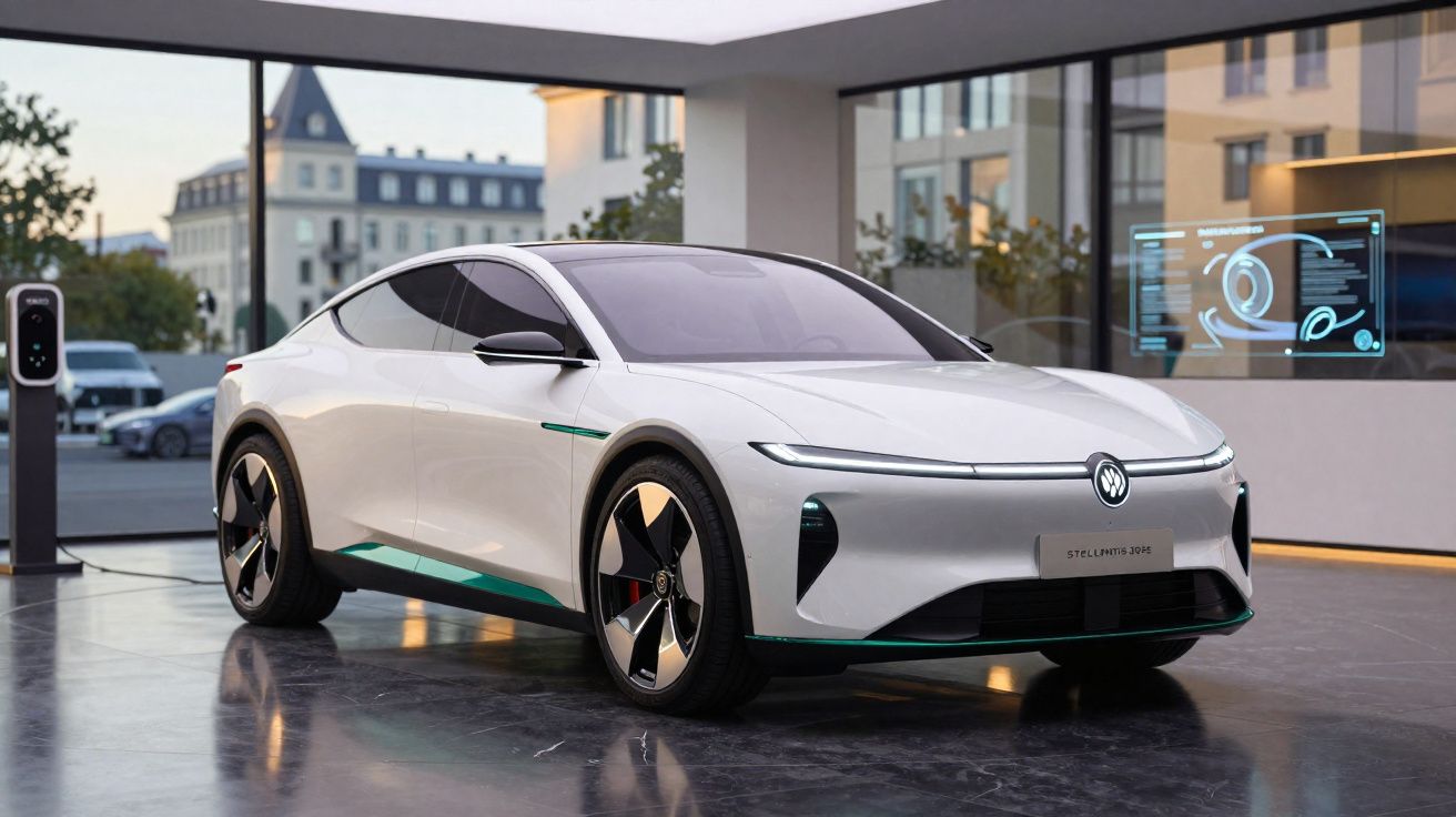 Carro elétrico branco futurista estacionado em ambiente moderno com vidros e prédios ao fundo.