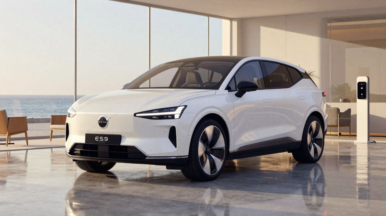 Carro elétrico branco Volvo ES9 estacionado em garagem moderna com janela de vidro e vista para o mar.