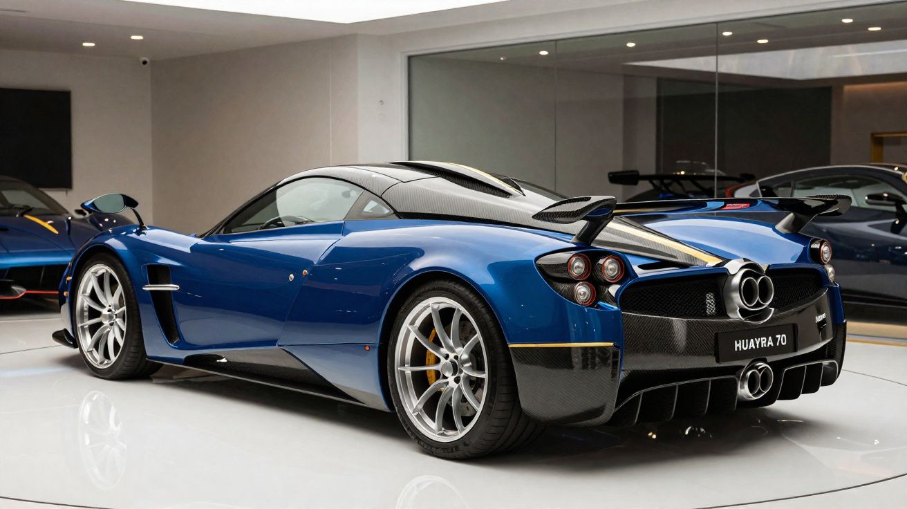 Carro esportivo azul Pagani Huayra 70 estacionado em ambiente interno moderno.