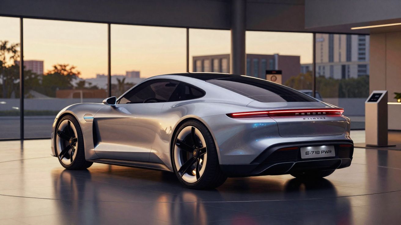 Carro esportivo elétrico prata Porsche Taycan exibido em showroom moderno com grandes janelas ao fundo.