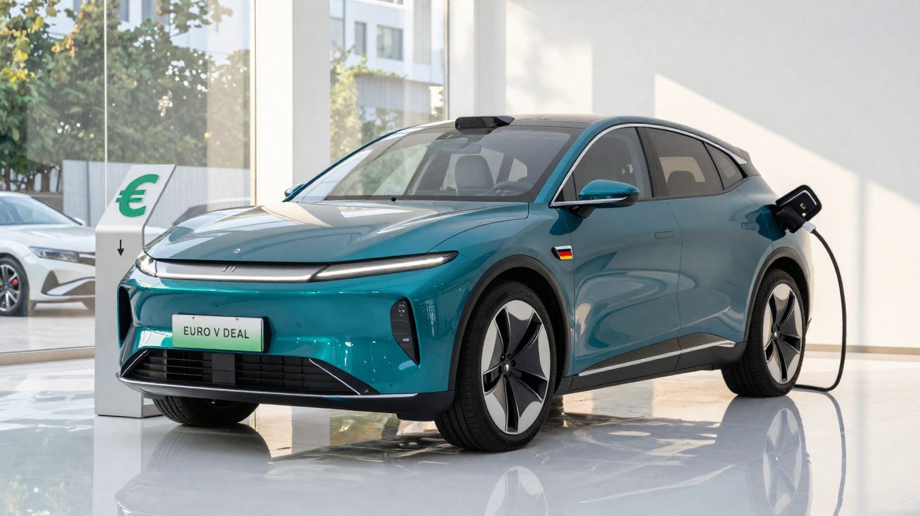 Carro elétrico azul sendo carregado na tomada em showroom moderno com piso branco e paredes de vidro.