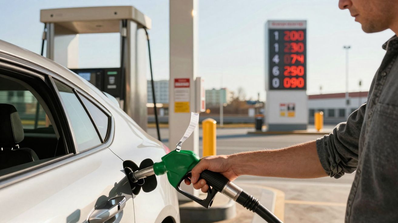 Pessoa abastecendo carro branco em posto de combustível com bomba de gasolina verde em dia ensolarado.
