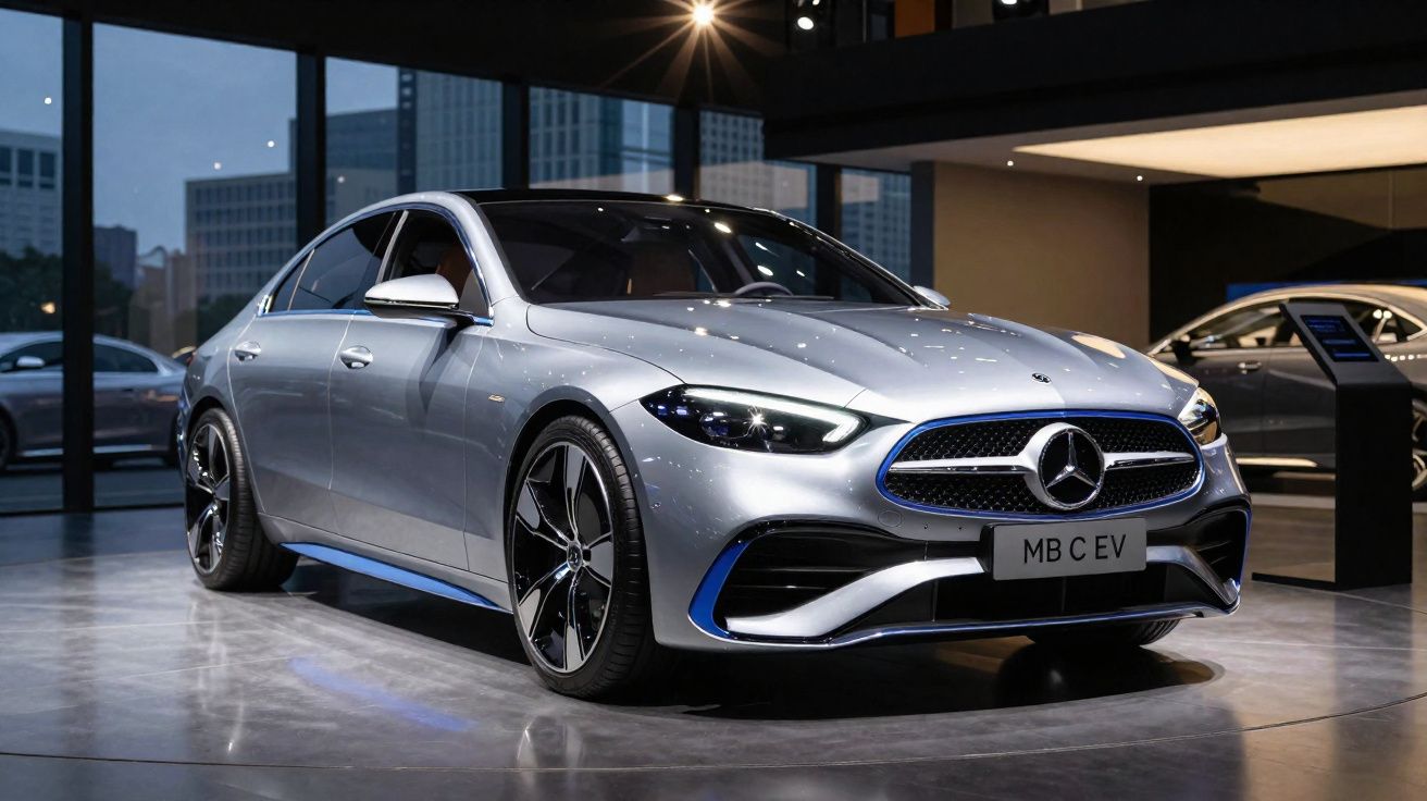 Carro elétrico Mercedes-Benz prata modelo MB C EV exibido em showroom moderno e iluminado.