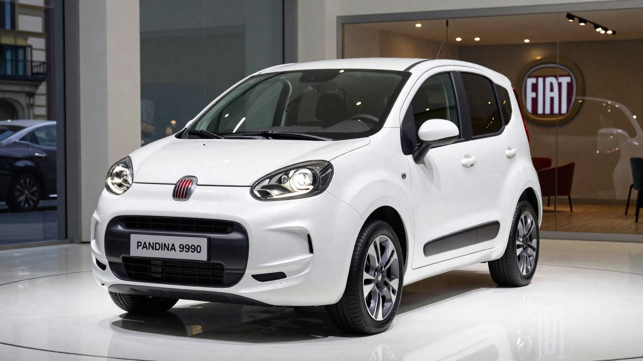 Carro branco Fiat Pandina 9990 exibido em salão com logo FIAT ao fundo.