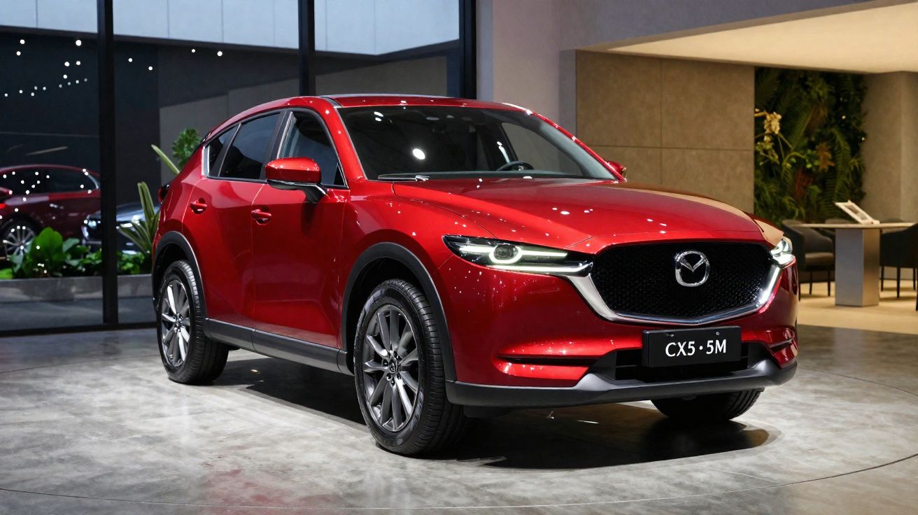 SUV Mazda CX-5 vermelho brilhante exibido em showroom moderno com iluminação ambiente.