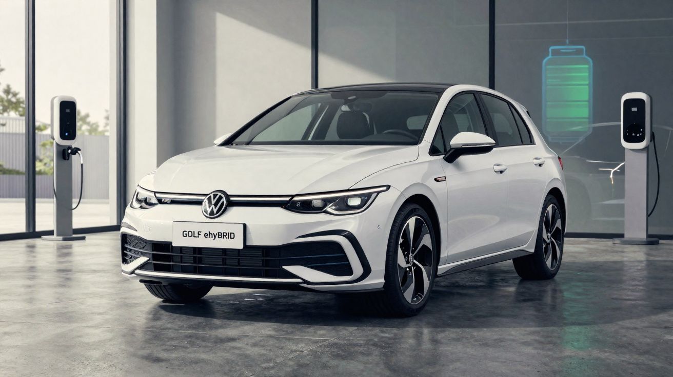Carro elétrico híbrido Volkswagen Golf eHybrid branco em estação de recarga interna moderna.