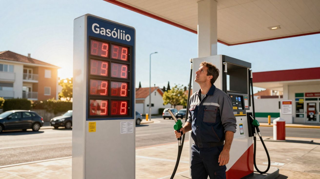Homem em posto de gasolina segurando mangueira e olhando para placa de preços de gasóleo.