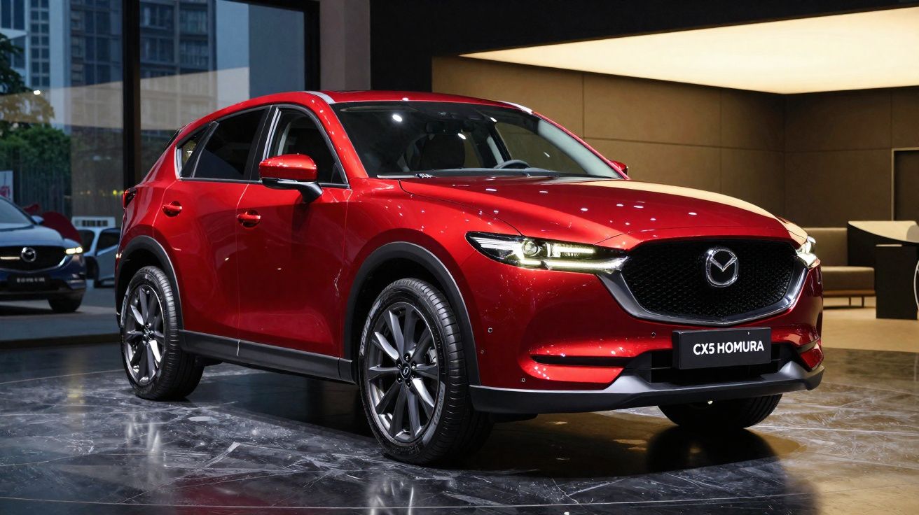 Carro SUV vermelho Mazda CX-5 Homura exibido em salão com piso preto polido e luz ambiente.