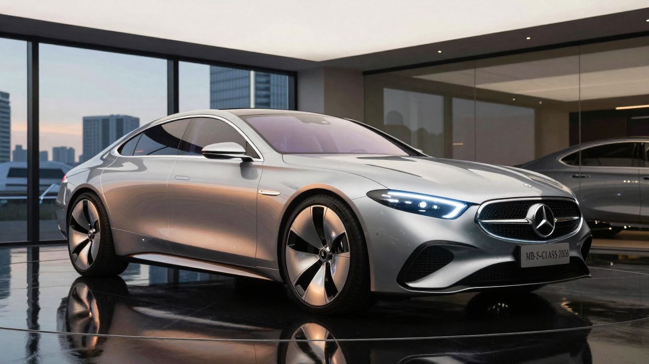 Carro prata moderno com design aerodinâmico e faróis acesos em showroom com piso refletivo.