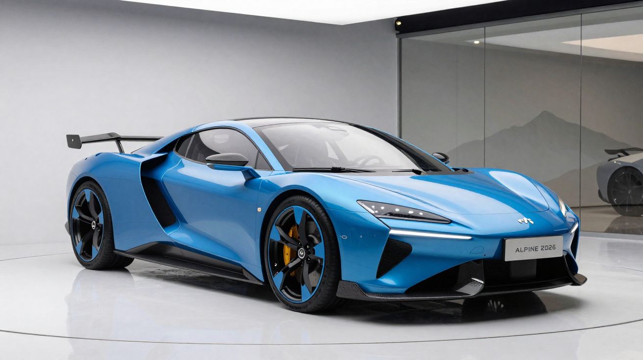 Carro esportivo azul Alpine 2026 em exibição dentro de sala moderna com paredes de vidro.