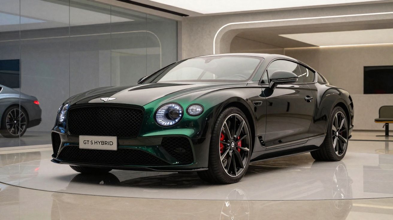 Carro esportivo Bentley GT S Hybrid verde escuro em exposição interna com acabamento brilhante.