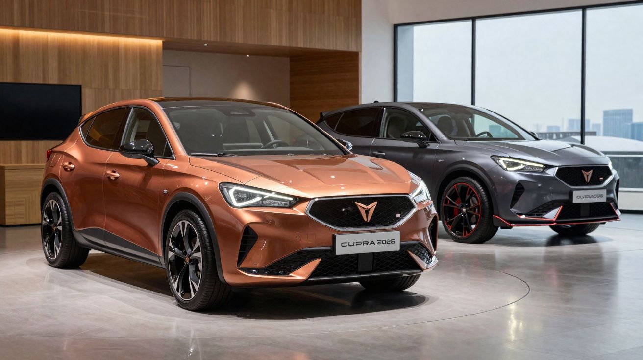 Dois carros Cupra 2025, um na cor cobre e outro cinza, exibidos em showroom moderno com iluminação suave.