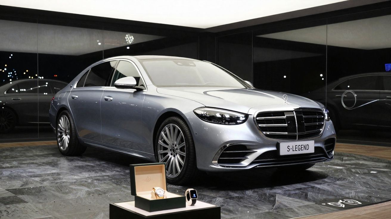 Carro de luxo Mercedes-Benz prata exibido em salão com relógio e smartwatch em destaque.