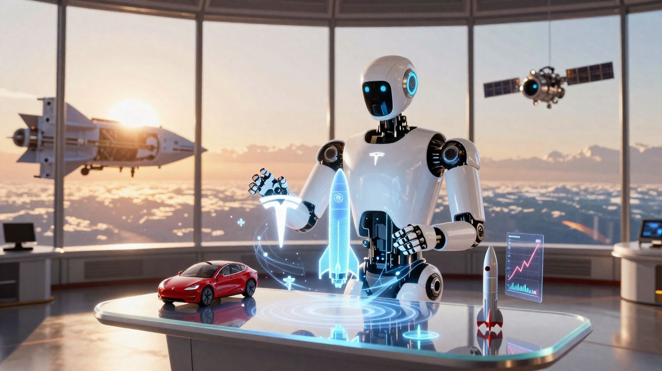 Robô futurista em laboratório com holograma de foguete, carro elétrico e satélite ao fundo.