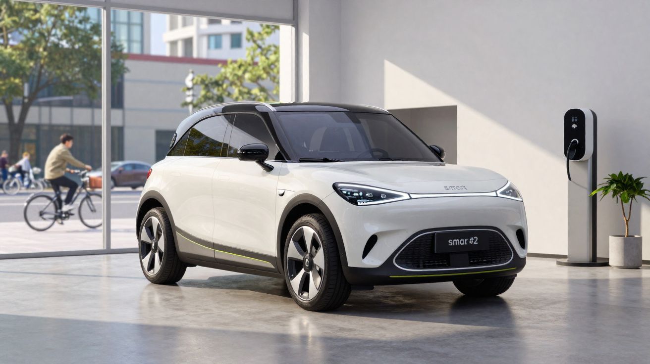 Carro elétrico branco com teto preto estacionado ao lado de carregador em ambiente interno.