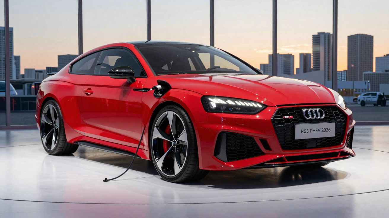 Audi RS5 PHEV 2026 vermelho carregando em estação interna com prédios ao fundo.