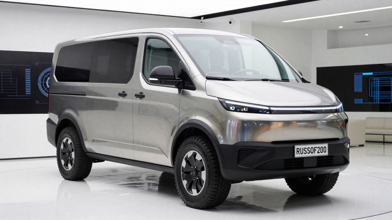 Van elétrica cinza estacionada em ambiente moderno e iluminado.