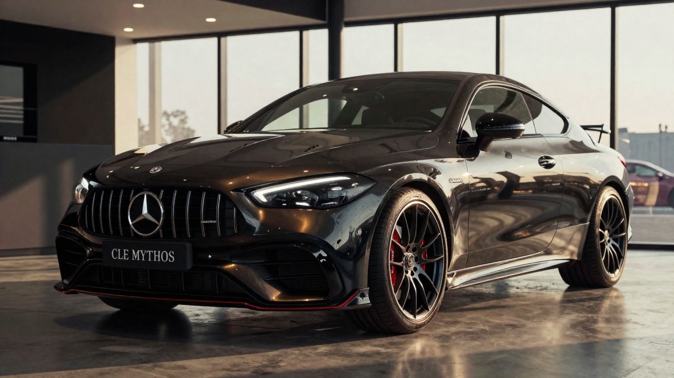 Carro esportivo Mercedes-Benz preto estacionado em showroom com luz natural entrando pelas janelas.