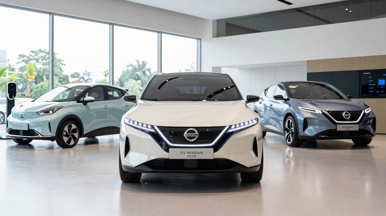 Três carros elétricos Nissan EV em exposição interna, com destaque para modelo branco central.