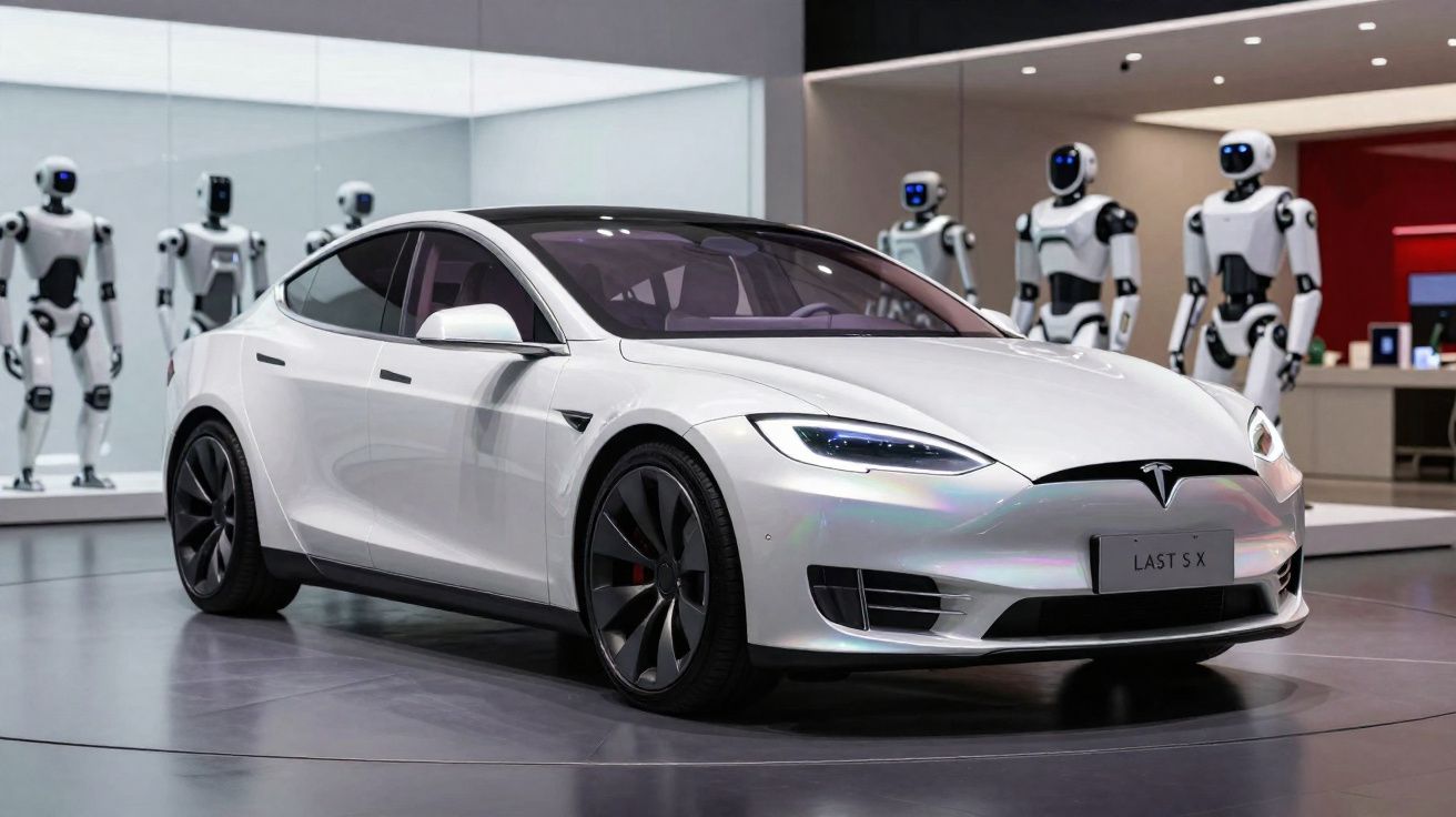 Carro elétrico branco Tesla Model S em exposição ao lado de robôs humanoides futuristas.