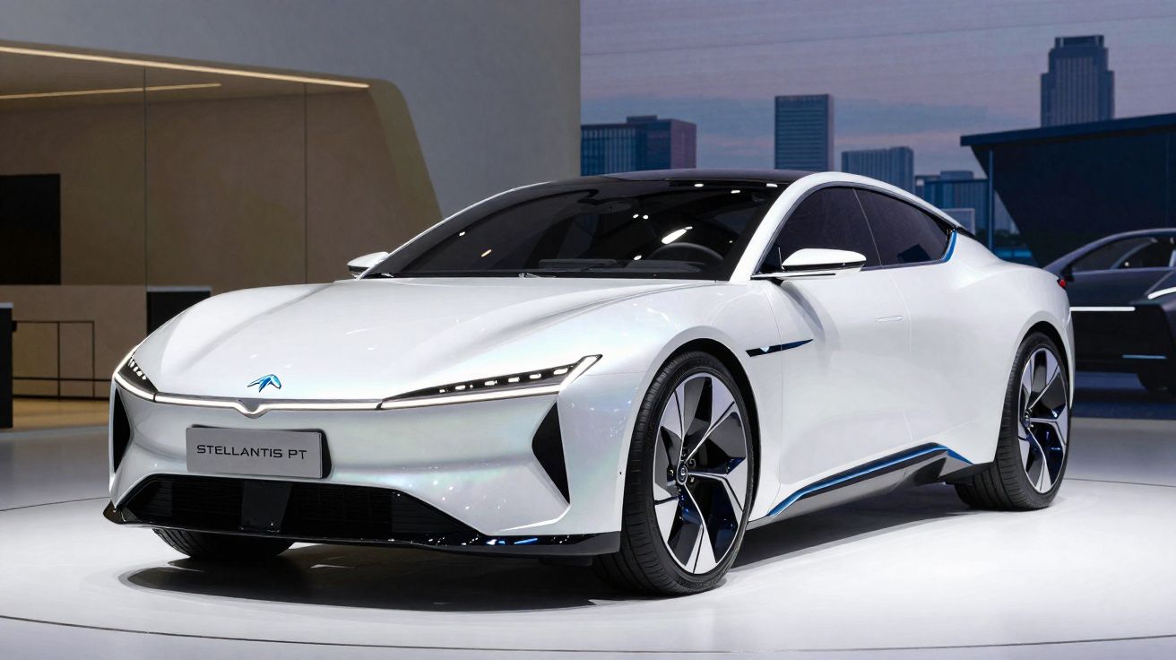 Carro esportivo branco elétrico futurista exposto em ambiente interno com fundo urbano ao entardecer.